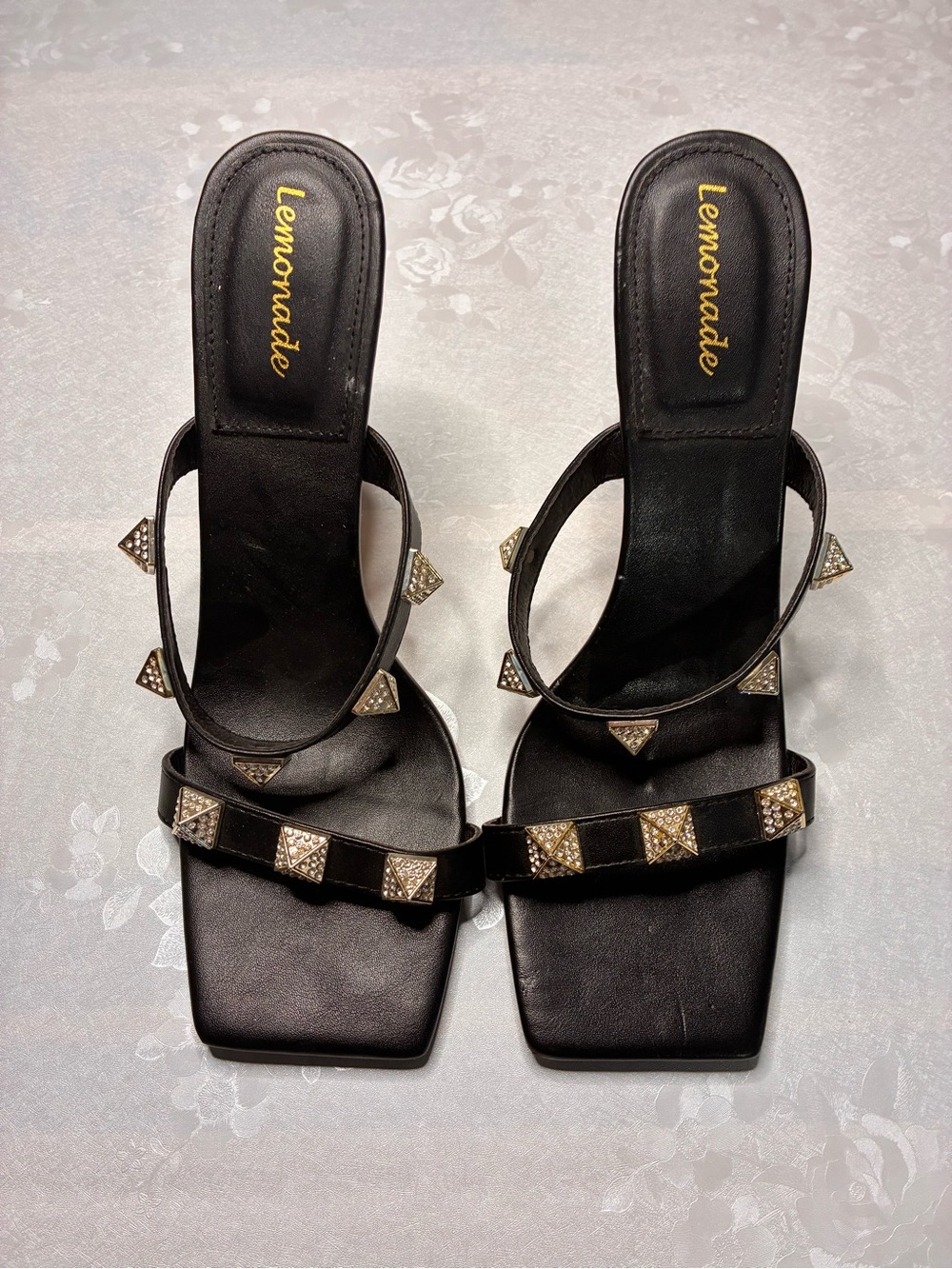 Black studded square toe slip on heels #glam #punk #goth #mcbling